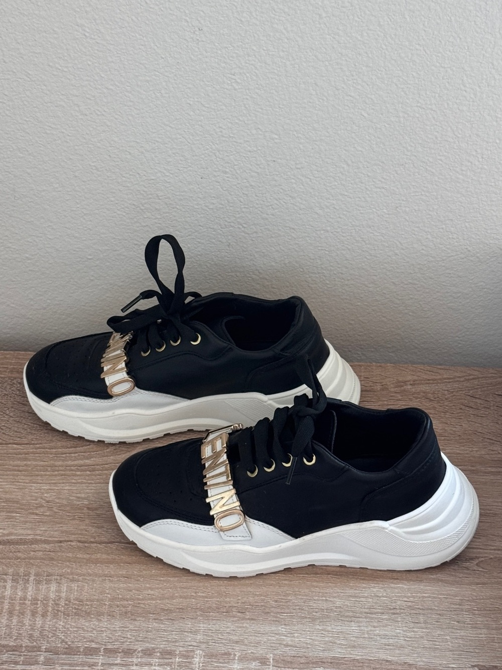 Valentino Black Leather Sneakers with Gold Logo Strap Size 38 - Picture 2 of 5